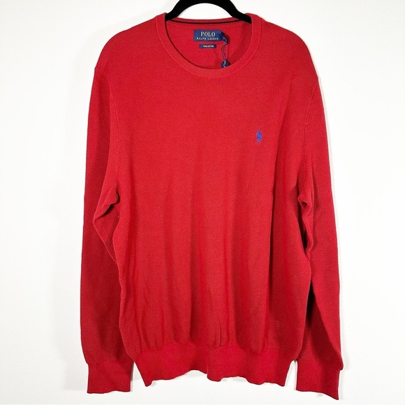 NWT Polo Ralph Lauren Pima Cotton Knit Red Crew Neck Sweater Size Large Pony - Picture 1 of 9